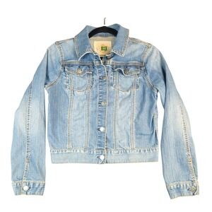 ANTHROPOLOGIE Taia Cropped Denim Jacket Womens Medium Blue Y2K Jean Trucker